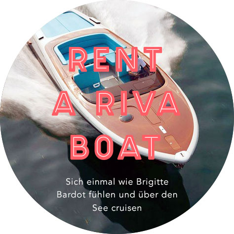 Foto eines Bootes mit dem Schriftzug "Rent a Riva boat"