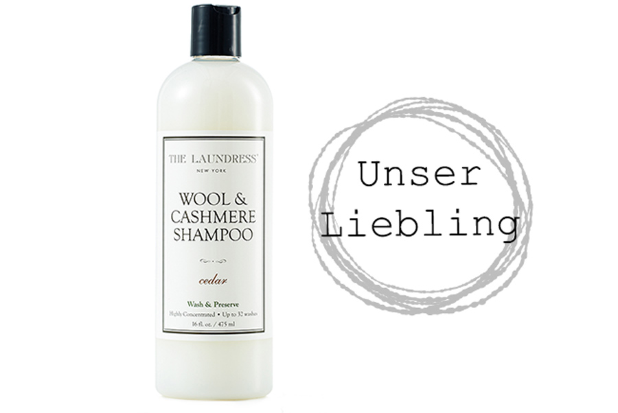 Bannerbild mit einem Button "Unser Liebling", das das Wool & Cashmere Shampoo von the Laundress zeigt