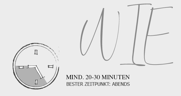 Illustration einer Uhr, die einen Zeitraum von 20 Minuten anzeigt - daneben steht der Schriftzug "Wie" und "Mind. 20-30 Minuten, Bester Zeitpunkt: Abends"